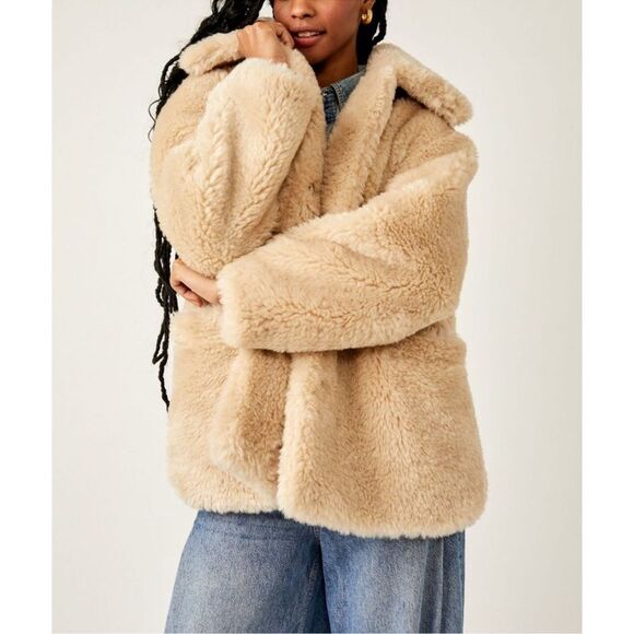 NWT FREE PEOPLE Pretty Perfect Fur Peacoat / Tea XL - Picture 4 of 9